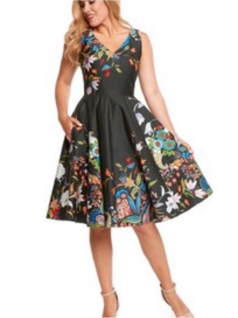 VTG Eva Rose Black Floral Border Print Fit & Flare A-Line Dress with Pockets 🖤🌸